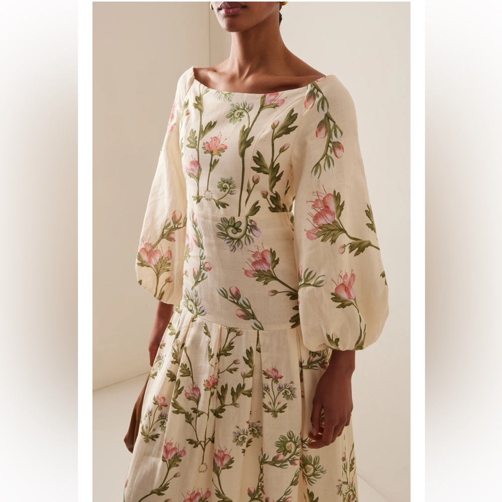 Agua by Agua Bendita Cream Floral Maxi Dress with Pink & Green Embroidery